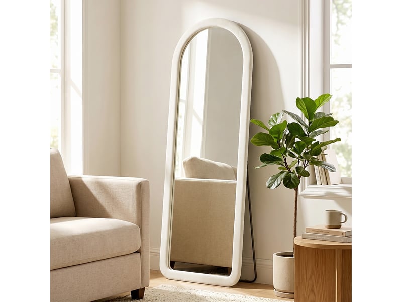  Miroir de sol arqué pleine longueur 160x60cm, grand miroir sur pied ou mural, cadre effet velours, verre trempé, crème  - Conforama D