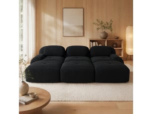 Canapé modulaire 3 places 298x178x70 cm, trois poufs, larges accoudoirs, assise 32d, velours côtelé, noir