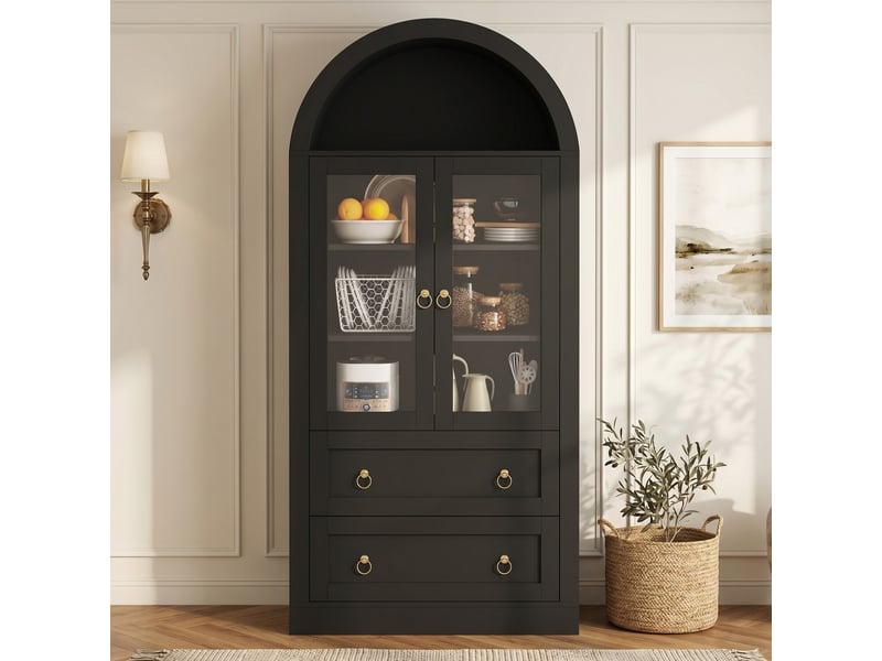  Vitrine avec portes vitrées et 2 étagères réglables pour salon 80×36×170 cm en panneaux de particules noirs  - Conforama C
