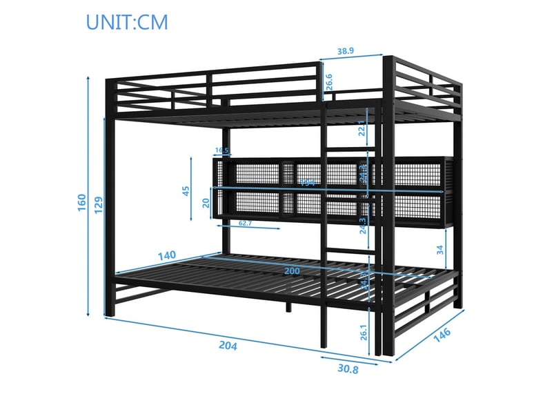  Lit superposé 140x200 avec rangements et éclairage led, noir  - Conforama C