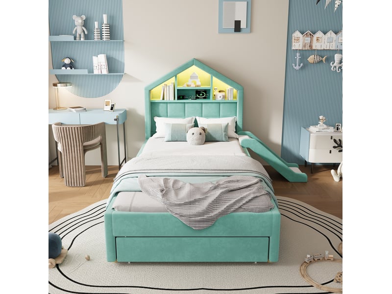  Lit enfant rembourré 90 x 200 cm bleu-vert avec toboggan, led et rangement  - Conforama E