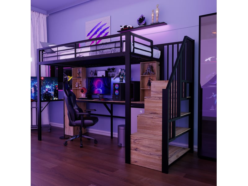  Lit mezzanine métal 90x200cm avec bureau, rangements et charge usb  - Conforama D