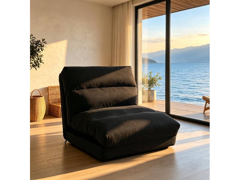  Fauteuil de sol convertible modenvie inclinable en tissu polyester noir, 70 x 72 x 56 cm, lit 70 x 203 cm  - Conforama D