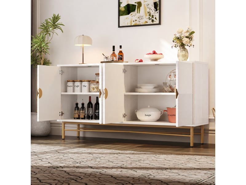  Buffet blanc quatre portes, façades en relief, poignées dorées brossées, fermeture amortie, 160 × 40 × 82 cm  - Conforama B