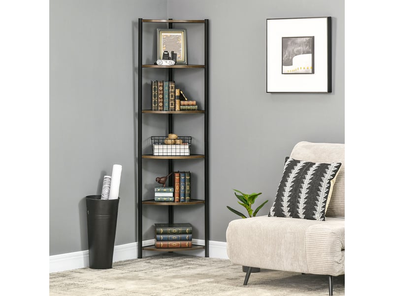  Bibliothèque d'angle moderne à 6 étagères en métal et mdf, 34 x 34 x 166 cm, marron et noir  - Conforama D