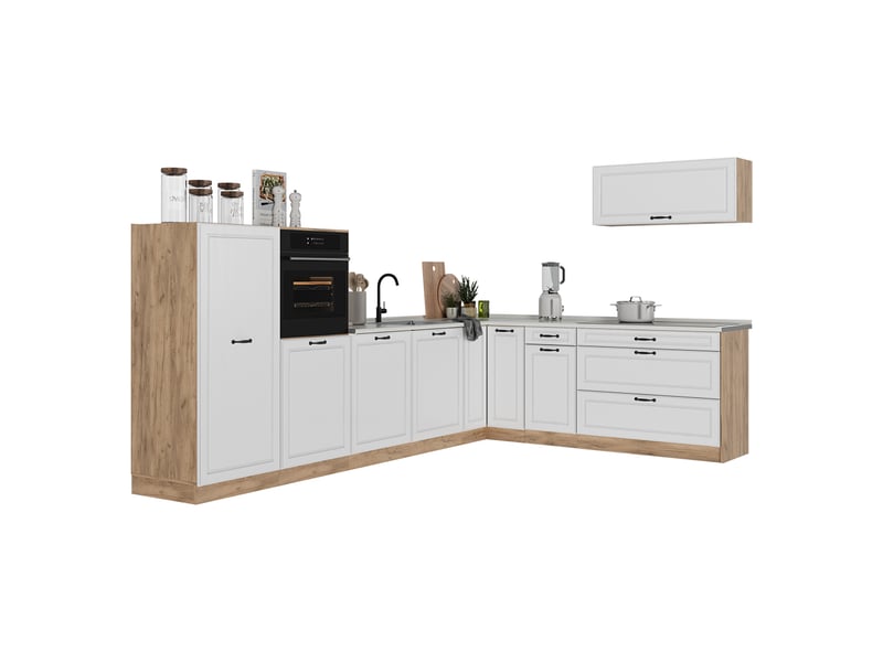 Vicco cuisine en angle, blanc campagnechêne doré, 327 x cm plan de travail chêne doré - Conforama E