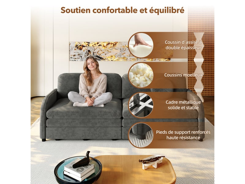  Canapé convertible 3 places gris en chenille avec couchage 190 x 200 cm Fay Lum - Conforama E