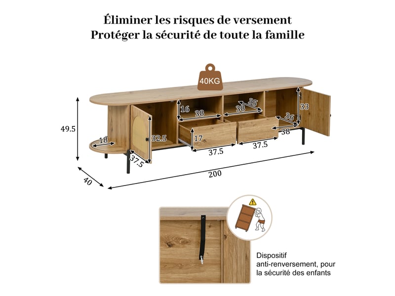  Meuble tv naturel 200x40x49,5 cm avec portes coulissantes, portes en rotin, tiroirs et pieds métal noir  - Conforama D