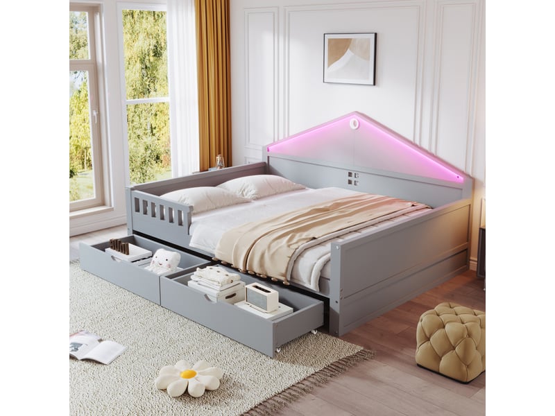  Lit enfant 140x200 cm gris avec bandeau led contrôlable, 2 tiroirs et sommier à lattes inclus  - Conforama E