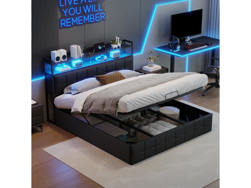 Lit double coffre - 140 x 190 cm-noir - en similicuir pu, avec tête de lit de rangement, éclairage led, prises et vérins hydrauliques - Conforama E