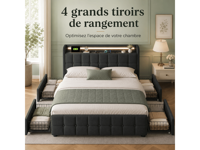 Lit adulte 160x200 cm, avec led et charge usb, lit adulte avec 4 tiroirs, tête de lit rangement, sommier à lattes, lit double 160x200 cm avec chargement usb éclairage led et 4 tiroirs,lit adulte rangement cadre de lit sommier à …  - Conforama D