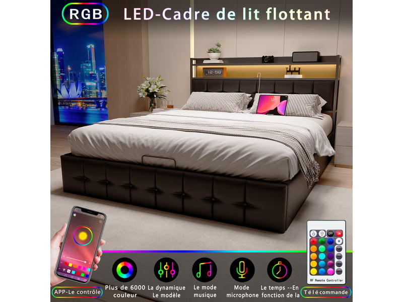  Lit cadre de rangement 140×200cm, avec rangement à assistance hydraulique, lit revêtu en pu noir, tête de lit avec éclairage led et port usb, lit double moderne, matelas non inclus 231213GY0401#ADHWnJiFfkFRHF - Conforama C