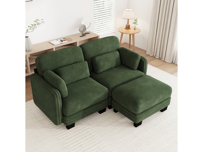  Canapé d'angle modulable - 2 places - forme l - 1 ottoman - coussins d'accoudoirs - tissu chenille - structure en bois massif - vert CozyNest - Conforama C