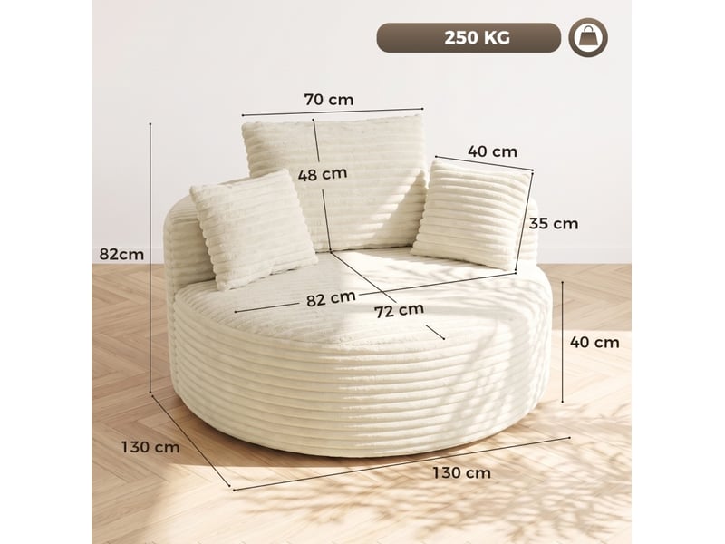  Fauteuil rond 130x130x82 cm, assise profonde, polyester, blanc crème  - Conforama E