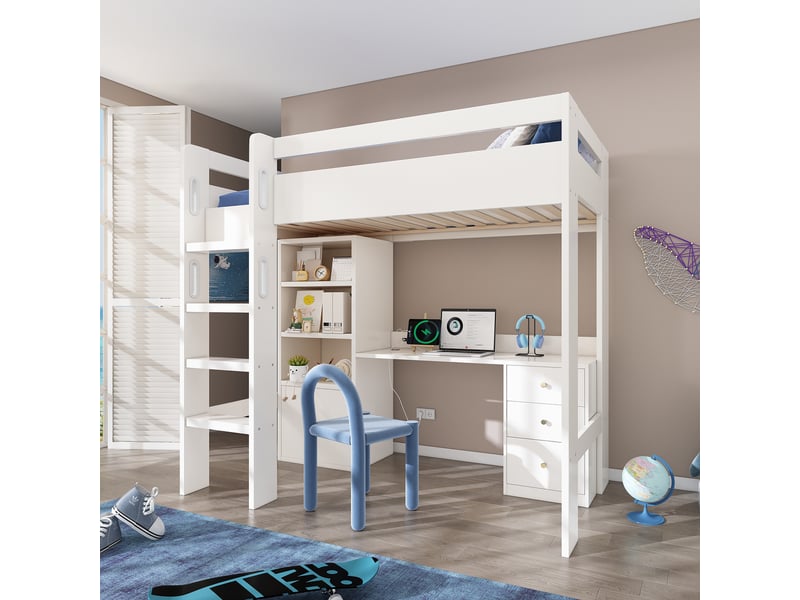  Lit mezzanine enfant 90x200 cm, tiroirs, porte, étagères,  usb type-c, sommier, mdf blanc, sans matelas  - Conforama W