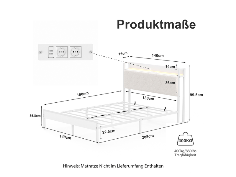  Lit double 140x190 cm avec led, 2 prises et 2 ports usb, tête capitonnée, blanc  - Conforama C