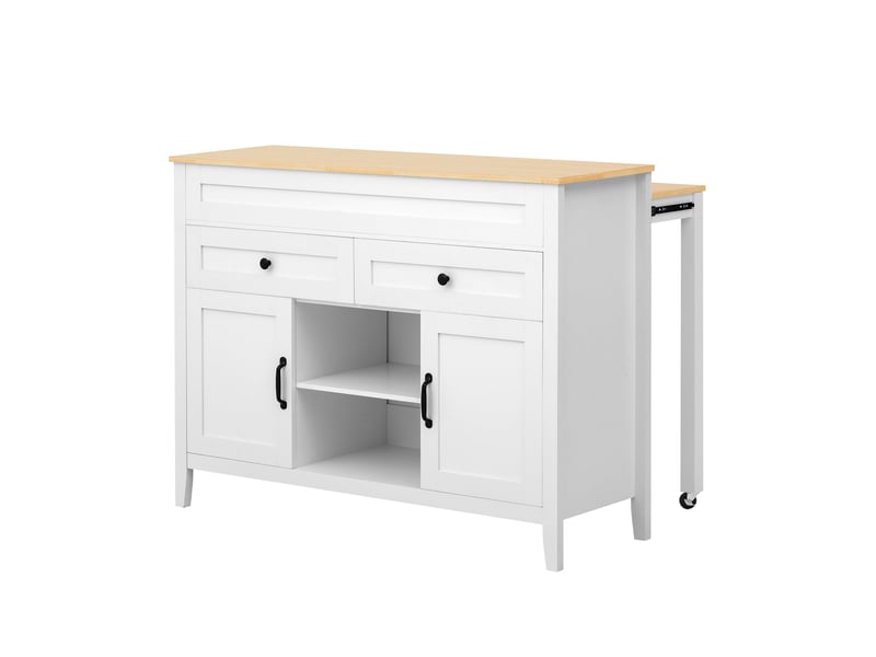  Îlot de cuisine 120 x 40-76 x 92 cm avec table coulissante, 2 tiroirs, 2 portes et rangements, blanc, en mdf robuste  - Conforama A