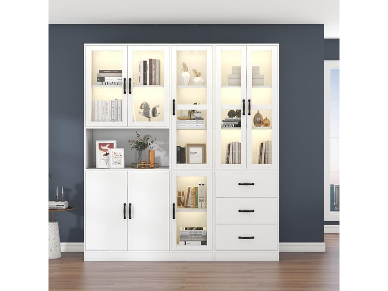  Vitrine d'exposition - 180x40x200cm - vaisselier xxl avec led usb app, 8 portes, 3 tiroirs &amp; étagères - blanc  - Conforama D