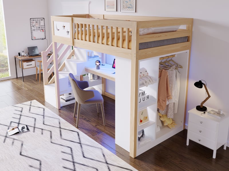  Lit mezzanine 90 × 200 cm, bureau, led et prise, penderie, étagères, escalier de rangement, bois naturel et blanc  - Conforama B