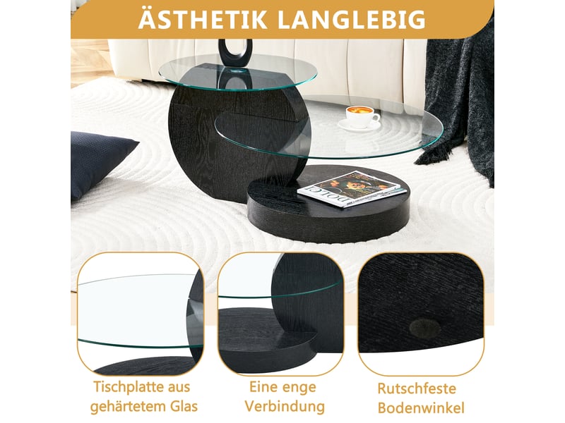  Table basse 90x70x44 cm avec verre de sécurité, meuble de salon, style simple, structure en mdf, noir et transparent  - Conforama E
