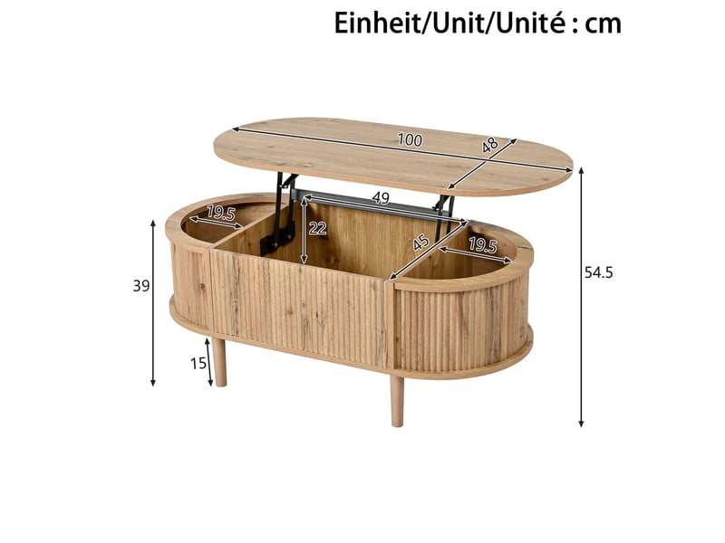 Table basse ovale, 100x48x54,5 cm, relevable, mdf, coloris chêne - Conforama C