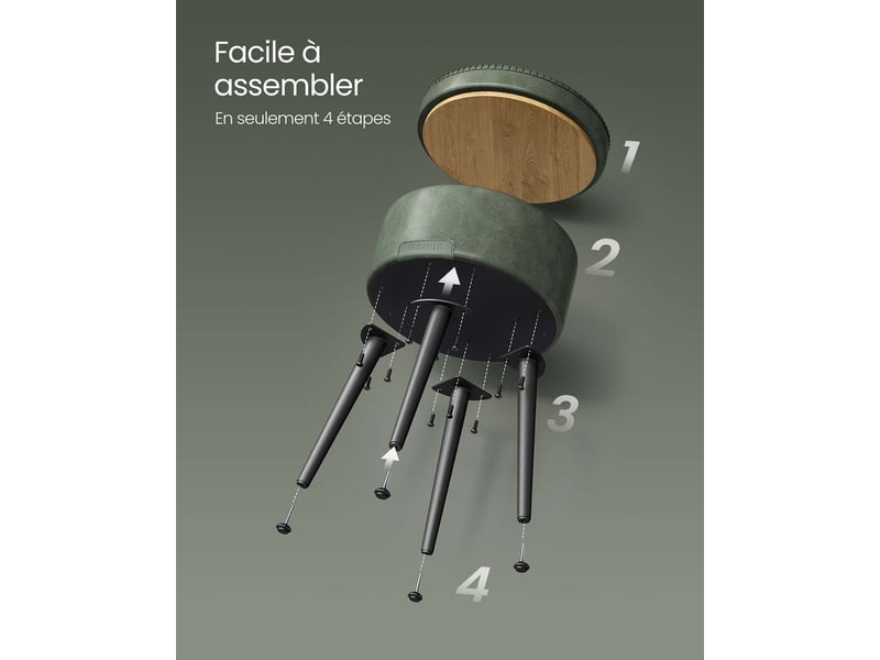  Pouf de rangement tabouret de coiffeuse pu avec coutures moderne mi-siècle tabouret de rangement rond avec pieds en acier capacité 150 kg vert 12_0005358  - Conforama E