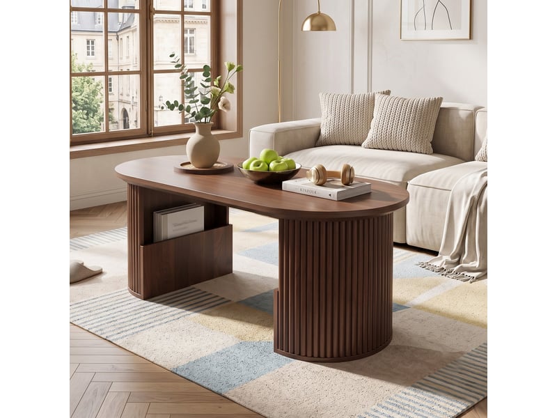  Table basse ovale effet noyer avec rangement tressé 105x50x46,5cm  - Conforama B