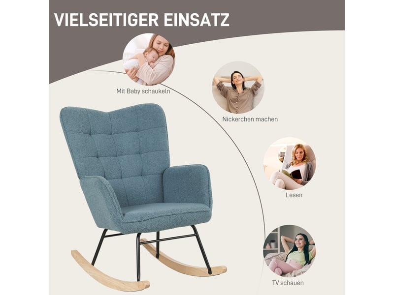  Fauteuil à bascule bleu clair en polyester avec accoudoirs et pieds en bois, 120 kg max  - Conforama W