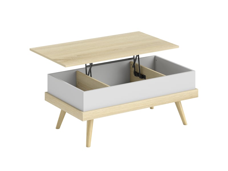  Table basse relevable avec 3 compartiments cachés, table de salon moderne, pieds en bois, 100x79x54cm, naturel blanc  - Conforama B
