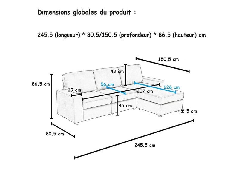 Canapé d'angle avec rangement 4 places gris - méridienne réversible, 245,5 cm, assise moelleuse - Conforama C