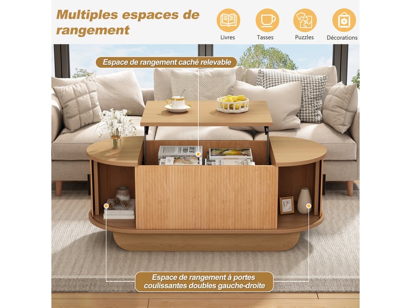  Table basse relevable ovale 100x50 cm, plateau réglable, portes à rideaux latérales, grand espace de rangement, couleur bois naturel  - Conforama E