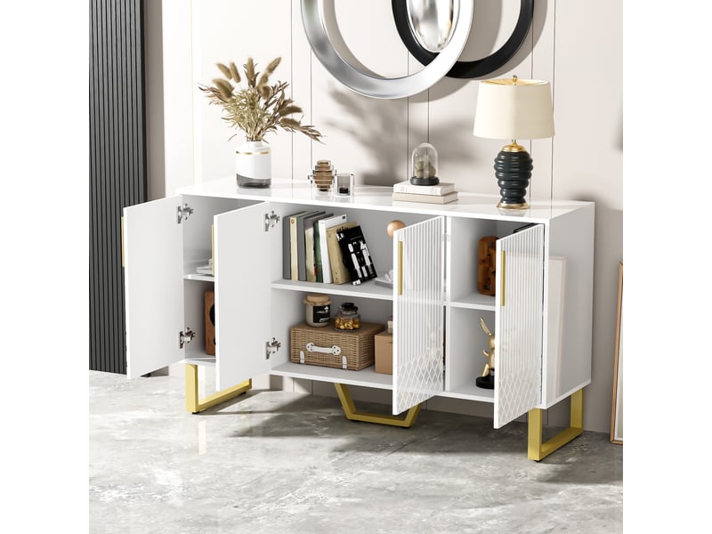  Meuble de cuisine muvano, buffet blanc brillant 4 portes à relief géométrique, 140 × 40 × 80 cm  - Conforama C