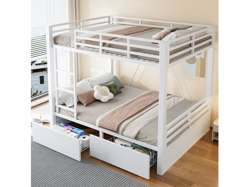  Lit superposé 140 × 200 cm avec 2 tiroirs, échelle et barrières de sécurité en métal blanc pour chambre enfant  - Conforama E
