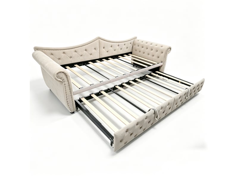Lit gigogne 90x200 cm, canapé-lit 3-en-1 extensible en velours beige avec led et usb, sans matelas - Conforama D