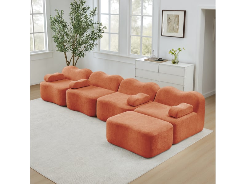  Canapé d'angle modulaire 4 places en velours orange avec pouf, forme ondulée et mousse 32d haute densité  - Conforama E