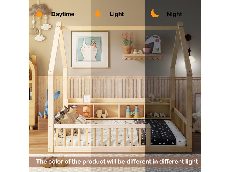 Lit cabane enfant 140 × 200 cm en bois de pin avec barrières de sécurité, étagères de rangement intégrées et cadre maison - naturel - Conforama E