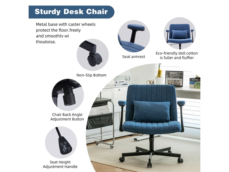  Chaise de bureau en velours bleu réglable en hauteur avec accoudoirs rabattables  - Conforama E