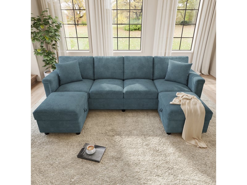  Canapé d'angle modulable 4 places 261x134x82 cm en chenille avec 2 poufs coffre, canapé salon configurable en l ou u, usb type-c - bleu  - Conforama B