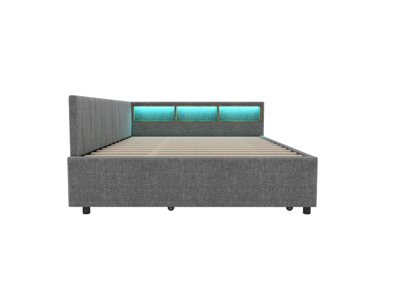  Lit simple 140x200 cm lin gris avec lit gigogne, led et usb-c, sans matelas  - Conforama E