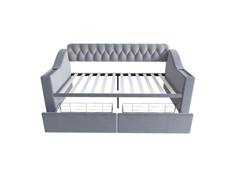  Lit canapé velours gris clair 90x190 cm avec accoudoirs usb, rangements et tiroirs  - Conforama D