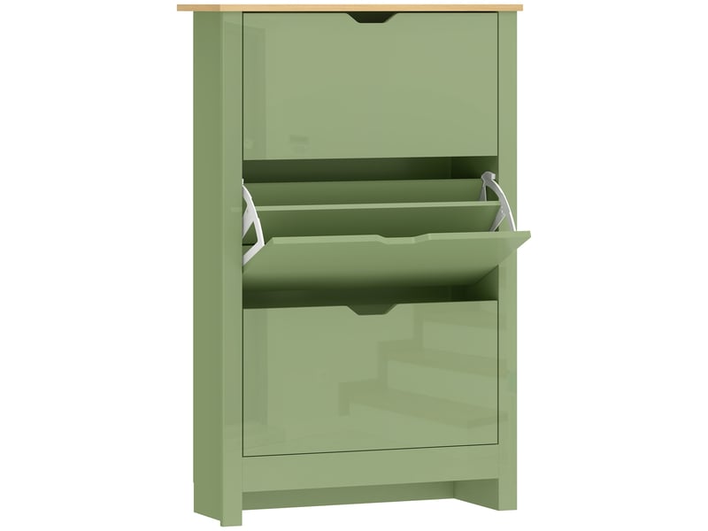  Meuble à chaussures 18 paires, armoire à chaussures à haute brillance, 3 tiroirs rabattables, étagères réglables, vert  - Conforama B
