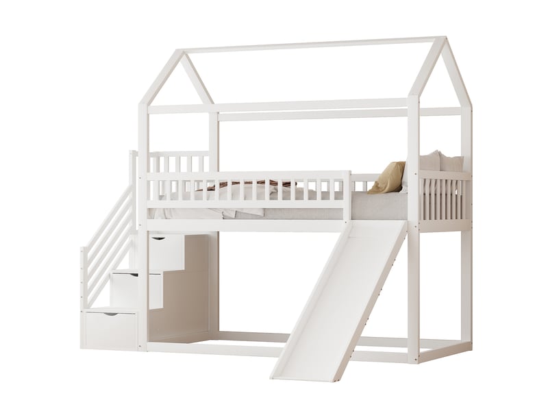 Lit mezzanine enfant avec toboggan et escalier de rangement 90x200 cm blanc - Conforama A