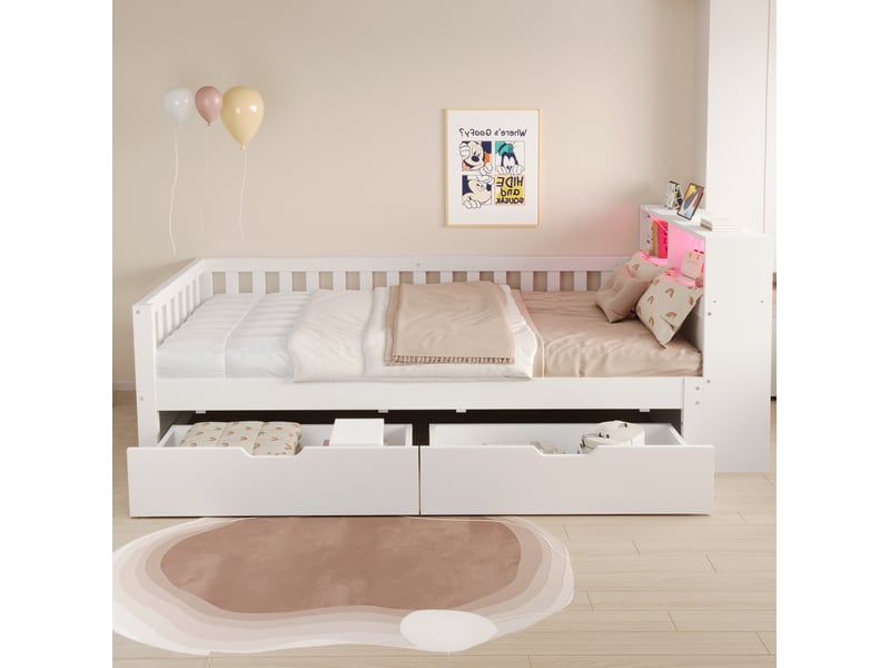  Lit 1 place, 90x200 cm, avec rangements, led, prises, barrières de sécurité, matelas non inclus, bois, coloris blanc  - Conforama D