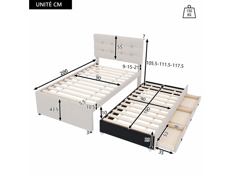  Lit gigogne simple 90x200 cm avec 3 tiroirs, couchage 90x190 cm et tête de lit réglable, sans matelas, beige  - Conforama D
