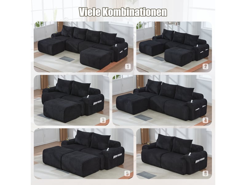  Canapé modulable, canapé de salon, noir, porte-gobelets, mobilier pour espace de vie, en velours tricoté  - Conforama W