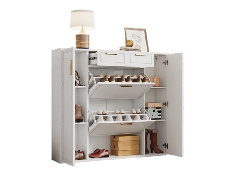  Meuble à chaussures moderne 120x24x107 cm avec 2 portes, 2 tiroirs, étages réglables - rangement 15 paires - entrée salon - blanc BrimViber - Conforama A