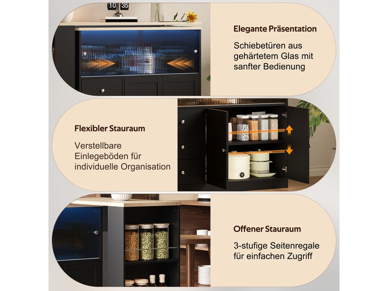 Îlot de cuisine extensible avec table tournante 360° - lpospi - rangement, led, mdf noir 172 × 40 × 96 cm - Conforama E