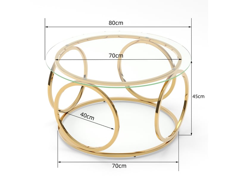Table basse ronde moderne 80x80x45 cm, design moderne, verre de sécurité trempé 6 mm, métal chromé, doré - Conforama C