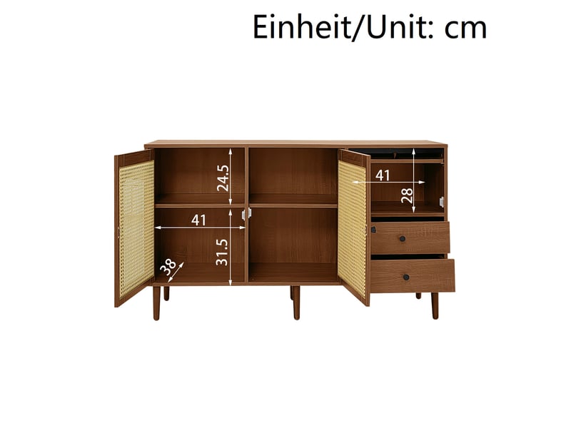  Buffet style campagne avec portes en rotin - meuble de rangement 130 cm, étagères réglables, structure bois  - Conforama R