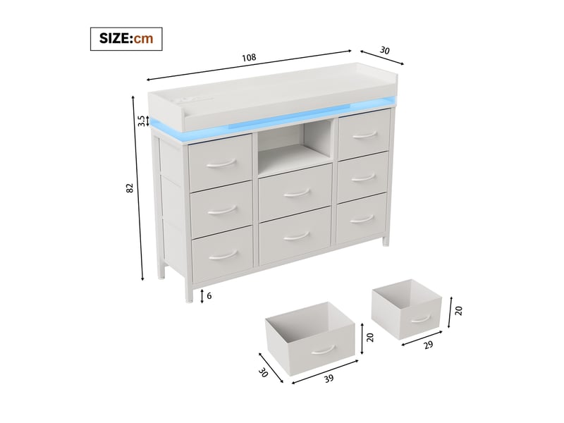  Commode chambre, 8 tiroirs, led rgb et station de charge, meuble de rangement 108x30x82 cm, métal et tissu, style industriel moderne, blanc  - Conforama E